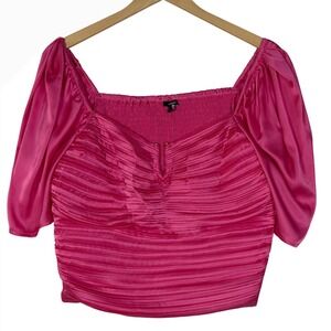 Express Womens XL Pink Ruched Puff Sleeve Crop Top Smocked Coquette New